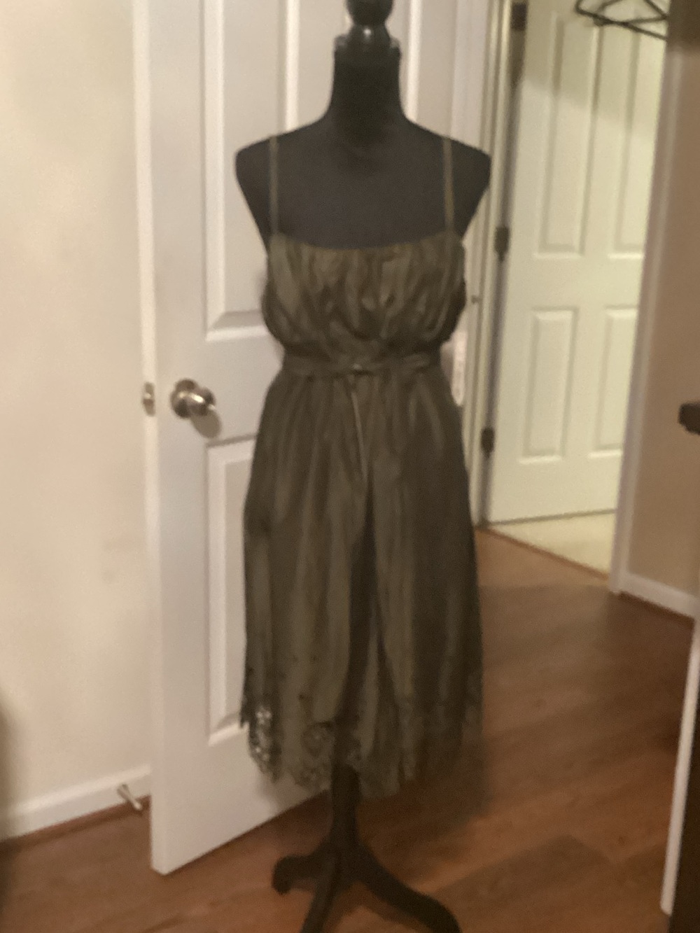 ANTONIO MELANI Olive Green Spaghetti Strap Midi Dress with Lace Hem